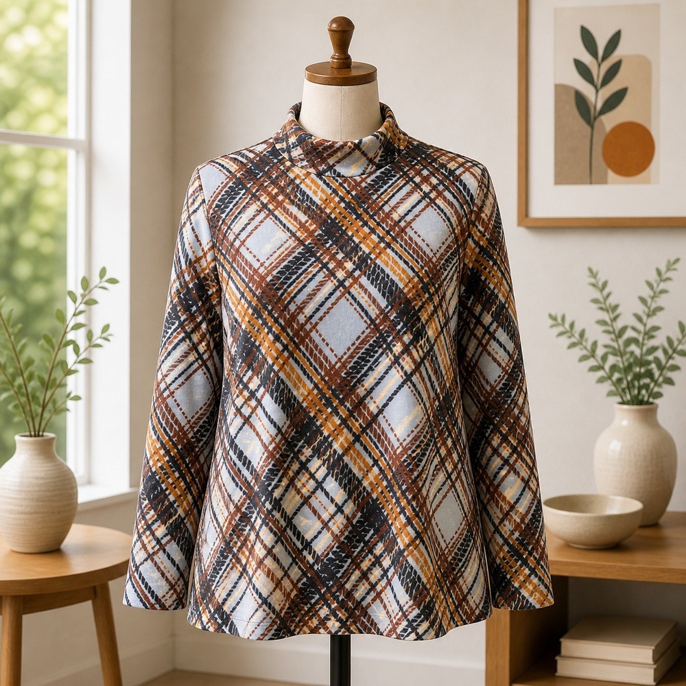 Susan Graver Blue Brown Abstract Plaid Ikat Mock Neck Metallic Top Womens XL